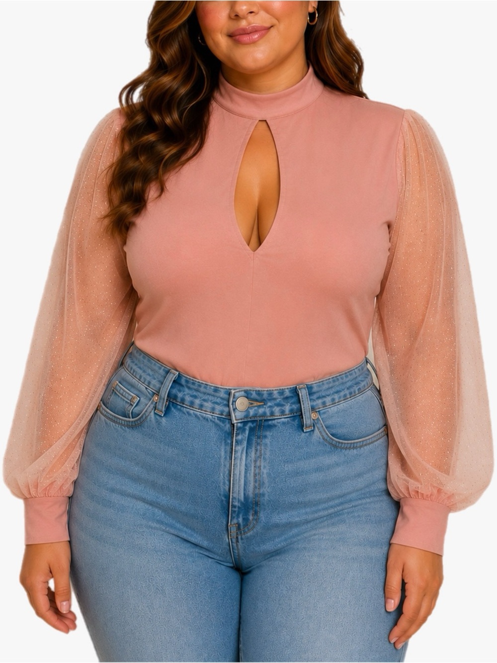 Plus Size 2X Pink Mesh Sleeve Bodysuit Keyhole Neck Back Glitter Sheer Top